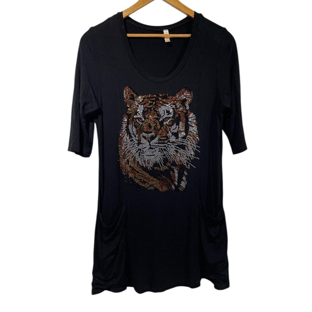 Popana Womens Tunic Top Black Rhinestone Tiger Graphic Sz L Pockets 3/4 Sleeve